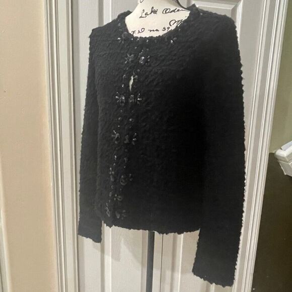 CHICOS TWEED SWEATER BLACK JEWELED Sz M FRINGED EMBELLISHMENT SOPHISTICATED - Picture 13 of 16